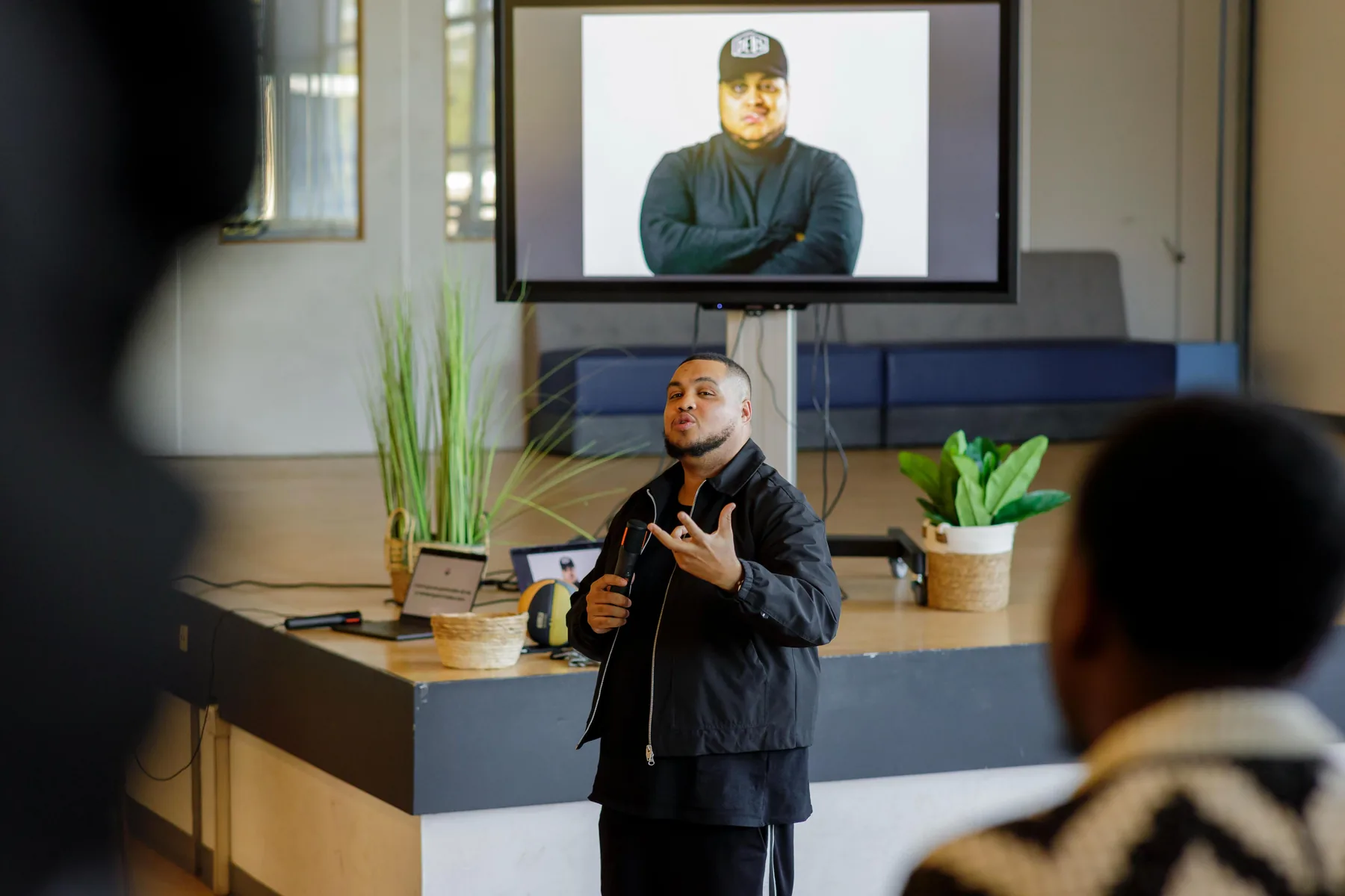 Jefren Mesa teaching in a hybrid room